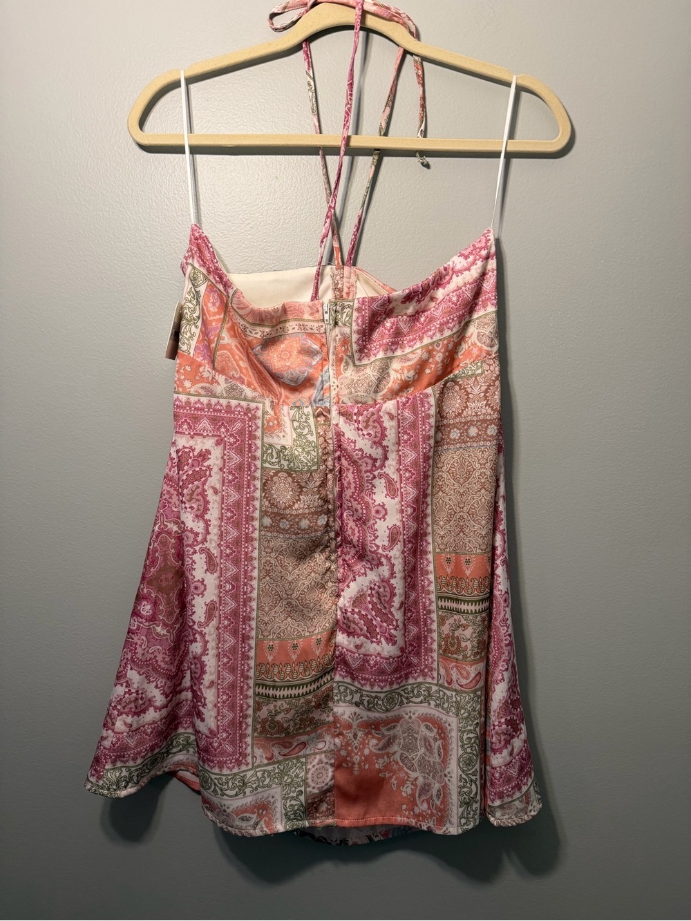 Altar'd State Pink & Green Paisley Patchwork Halter Mini Dress - Picture 4 of 9